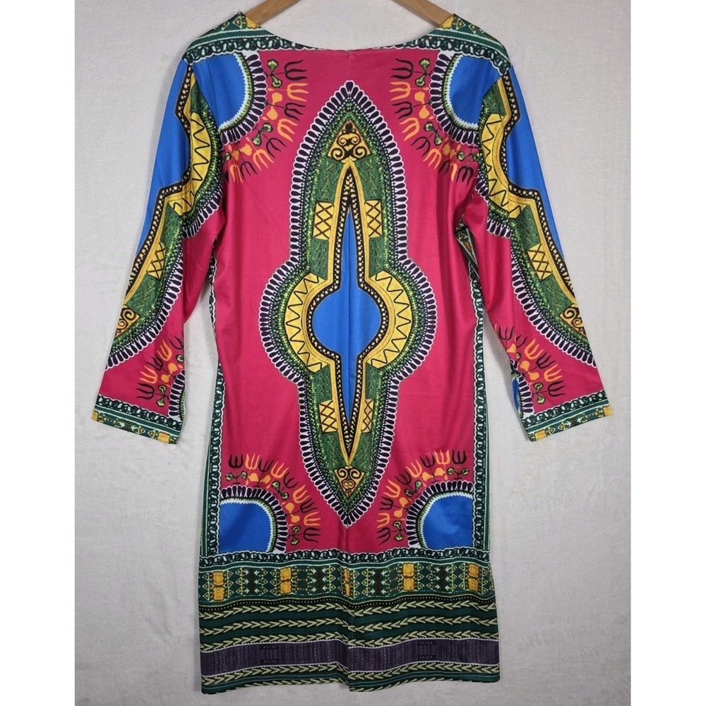 NWT Dashiki Print Tunic Dress XL Pink Blue Boho Tribal Casual Travel 3/4 Sleeve - Picture 3 of 10